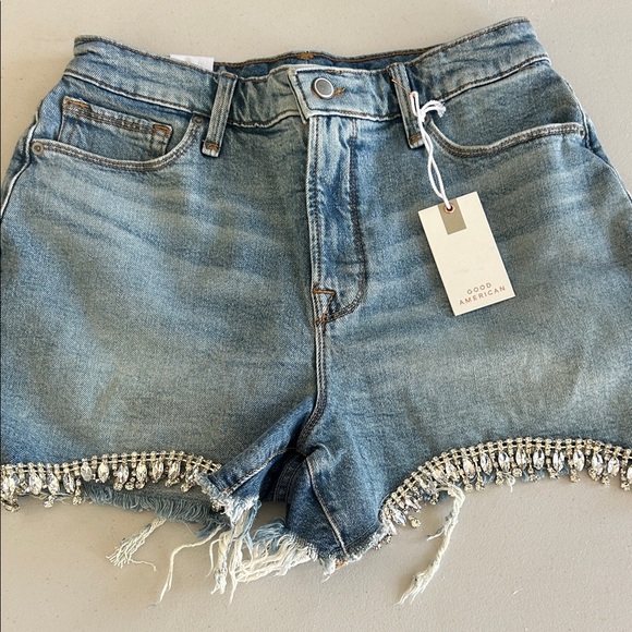 Good American Pants - Good American Light Blue Denim Shorts with Crystal Fringe